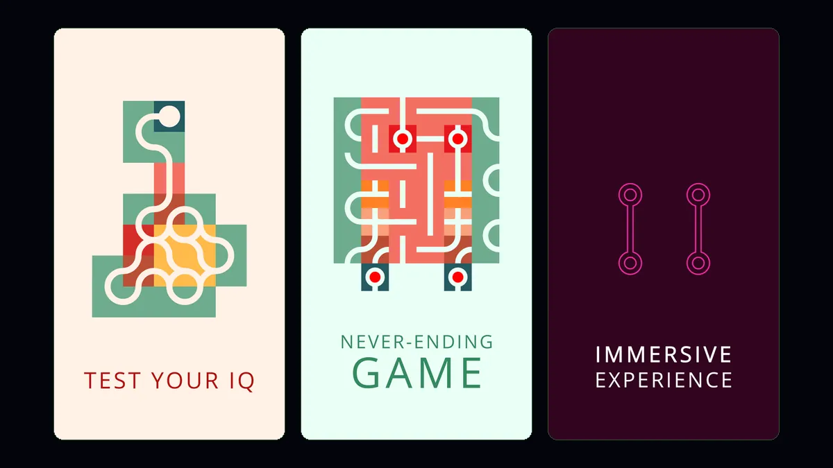 Capturas de ecrã oficiais do Infinity Loop na App Store: puzzles de canos a fechar em laço, incluindo o modo escuro