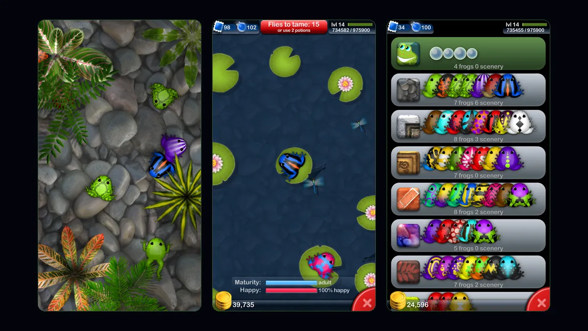Capturas de ecrã oficiais do Pocket Frogs na App Store: rãs no habitat, o lago com nenúfares e a coleção de espécies